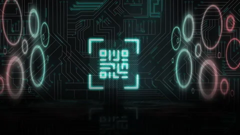 QR code scanner with neon elements against microprocessor connections Stock Footage 141701300