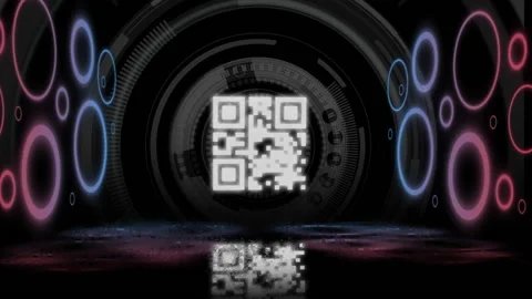 QR code scanner with neon elements against round scope scanner Stock Footage 141701301