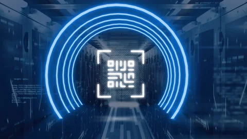 QR code scanner with neon elements against data processing over empty server Stock Footage 141701323