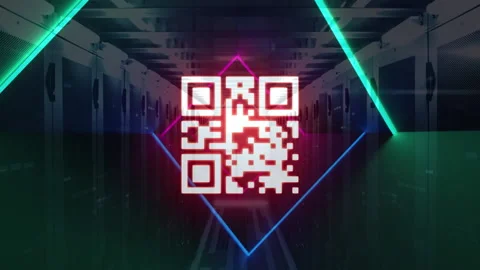 QR code scanner with neon elements against empty server room Stock Footage 141701332