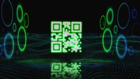 QR code scanner with neon elements against digital wave on black background Stock Footage 141701348