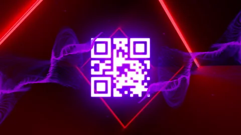QR code scanner with neon elements against digital waves on black background Stock Footage 141701349