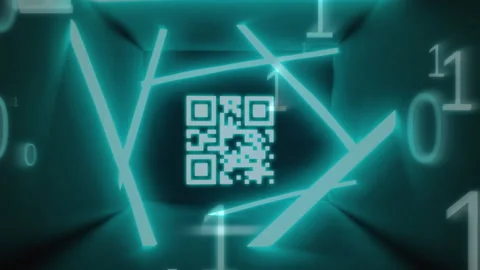 QR code scanner with neon elements against binary coding Stock Footage 141701355