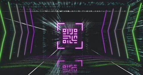QR code scanner with neon elements against data processing Stock Footage 141701357