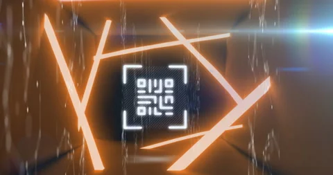 QR code scanner with neon elements against screens of networks of connections Stock Footage 141701361