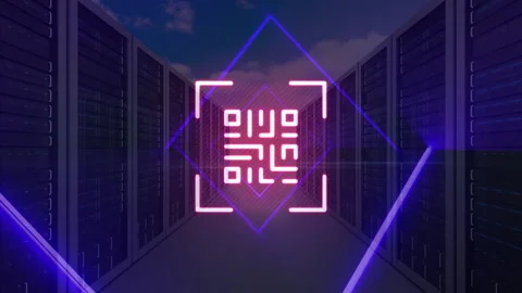 QR code scanner with neon elements against computer servers in sky Stock Footage 141701362