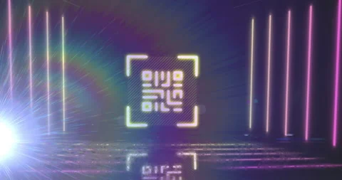 QR code scanner with neon elements against rainbow light flare Stock Footage 141701365