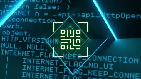 QR code scanner with neon elements against data processing Stock Footage 141701366