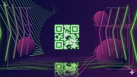 QR code scanner with neon elements against abstract shapes on blue background Stock Footage 141701380
