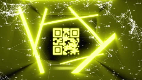 QR code scanner with neon elements against network of connections Stock Footage 141701383