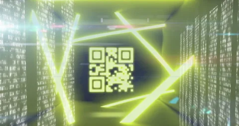 QR code scanner with neon elements against screens of data processing Stock Footage 141701400
