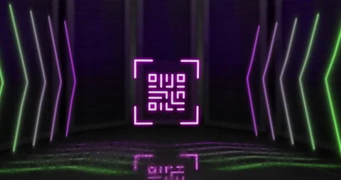 QR code scanner with neon elements against black background Stock Footage 141701409