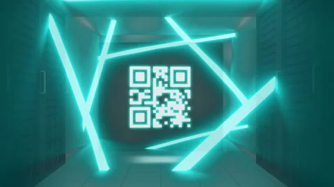 QR code scanner with neon elements against empty server room Stock Footage 142200814