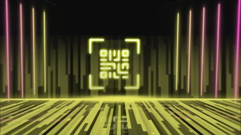 QR code scanner with neon elements against light trails Stock Footage 142200827