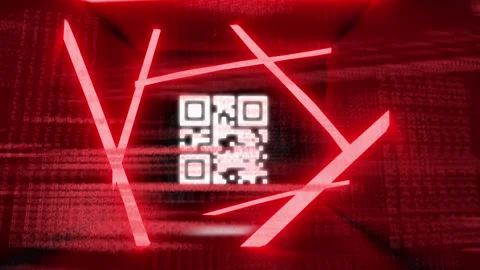 QR code scanner with neon elements against data processing on red background Stock Footage 142200839