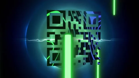 QR code scanner with neon elements against blue glowing circle Stock Footage 142200867