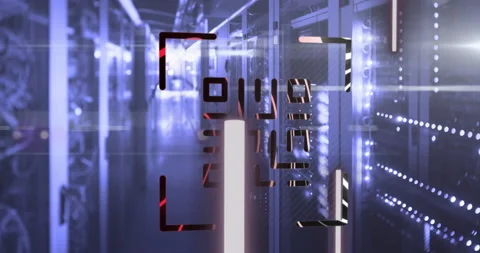 QR code scanner with neon elements against empty server room Stock Footage 142200870