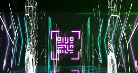 QR code scanner with neon elements against screens of networks of connections Stock Footage 142200871
