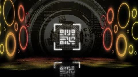 QR code scanner with neon elements against round scope scanner Stock Footage 142200888