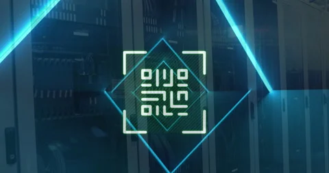 QR code scanner with neon elements against computer servers Stock Footage 142200896