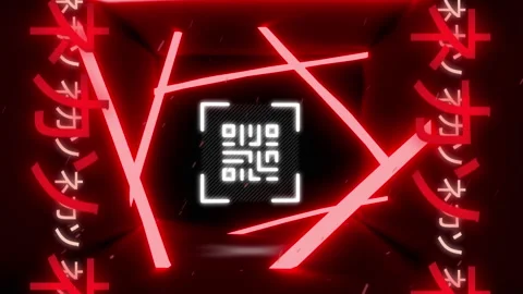 QR code scanner with neon elements against asian writing on black background Stock Footage 142200898
