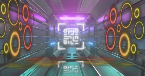 QR code scanner with neon elements against glowing tunnel Stock Footage 142200916