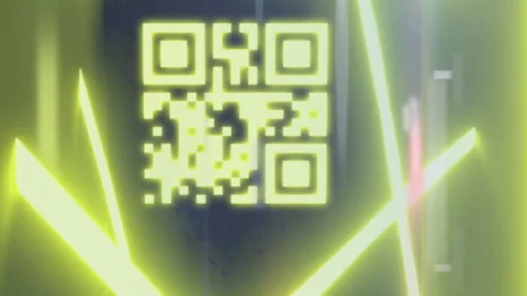 QR code scanner with neon elements against screens of data processing Stock Footage 312470936