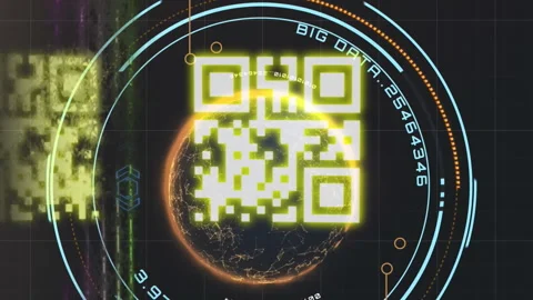 QR code scanner with neon elements against data processing and spinning globe Stock Footage 312470939