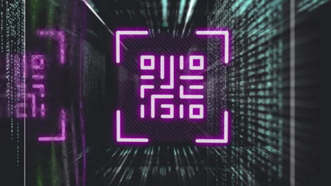 QR code scanner with neon elements against data processing Stock Footage 313116604