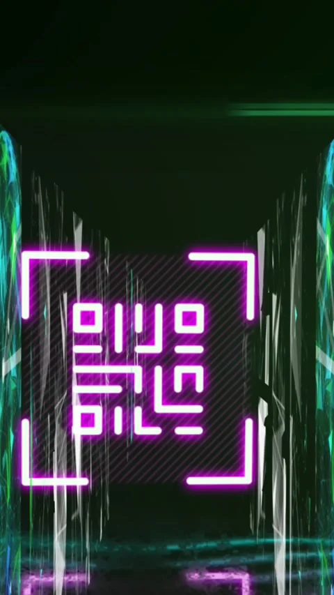 QR code scanner with neon elements against screens of networks of connections Stock Footage 320228568