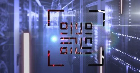 QR code scanner with neon elements against empty server room Stock Illustration