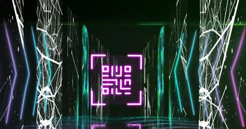 QR code scanner with neon elements against screens of networks of connections Stock Illustration