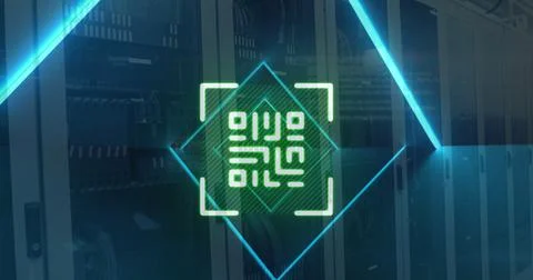 QR code scanner with neon elements against computer servers Stock Illustration