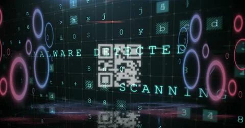 QR code scanner with neon elements against cyber security data processing Stock Illustration