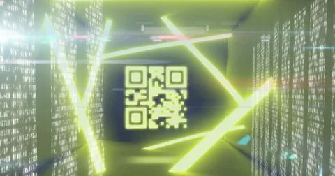 QR code scanner with neon elements against screens of data processing Illustrazione stock