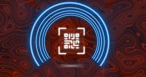 QR code scanner with neon elements against topography Stock Illustration