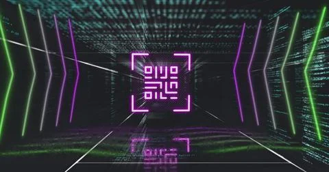 QR code scanner with neon elements against data processing Stock Illustration