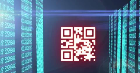 QR code scanner with neon elements against screens of data processing Stock Illustration