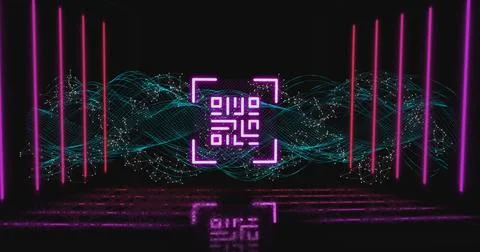 QR code scanner with neon elements against digital wave Illustrazione stock