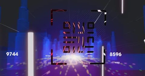QR code scanner with neon elements against 3D city model Stock Illustration