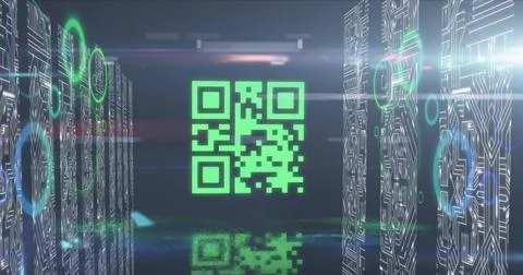 QR code scanner with neon elements against screen of microprocessor connections Stock Illustration