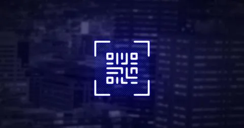 QR code scanner with neon elements against tall buildings Stock Illustration