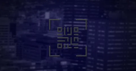 QR code scanner with neon elements against tall buildings Stock Illustration