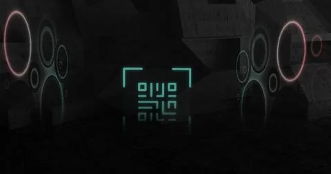 QR code scanner with neon elements against black background Illustrazione stock