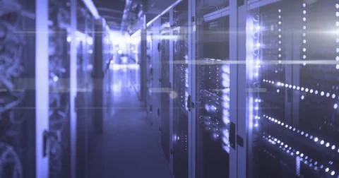 QR code scanner with neon elements against empty server room Illustrazione stock