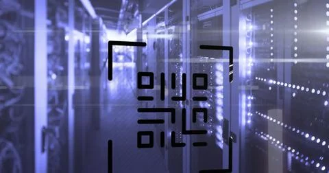 QR code scanner with neon elements against empty server room Stock Illustration
