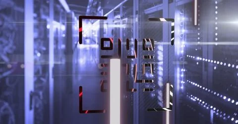 QR code scanner with neon elements against empty server room Stock Illustration