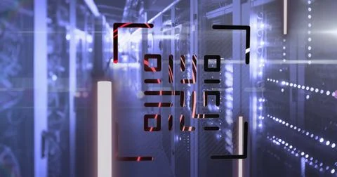 QR code scanner with neon elements against empty server room Stock Illustration