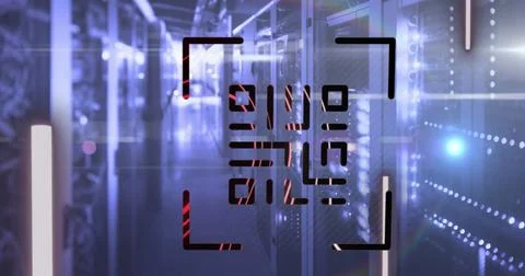 QR code scanner with neon elements against empty server room Stock Illustration
