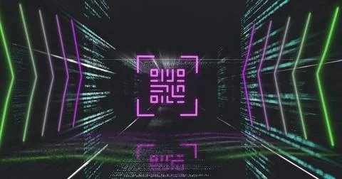 QR code scanner with neon elements against data processing Stock Illustration